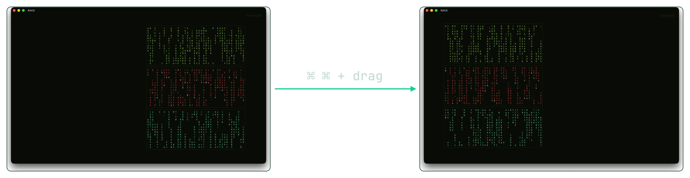 Three terminals on the right of the canvas, then the same three on the left after a double-Cmd drag