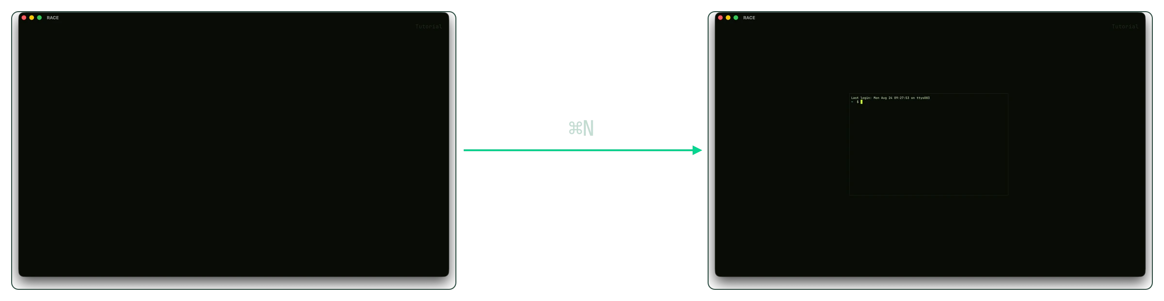 An empty RACE canvas, then the same canvas with one terminal on it after Cmd-N