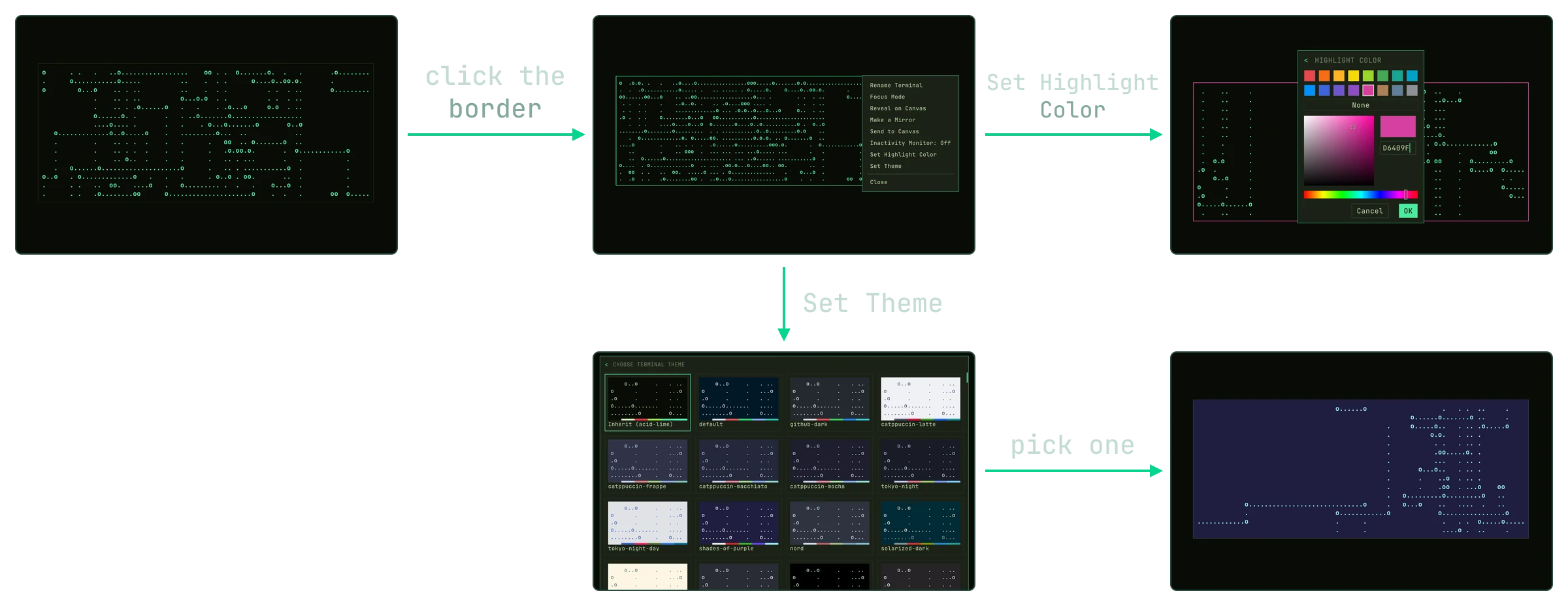 A terminal, its border menu, then the highlight colour picker and the theme picker with a theme applied