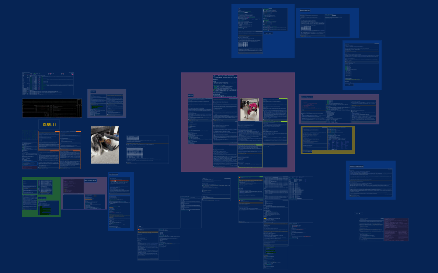 A whole RACE session zoomed out: dozens of terminals, four group frames, and pinned photos on one canvas